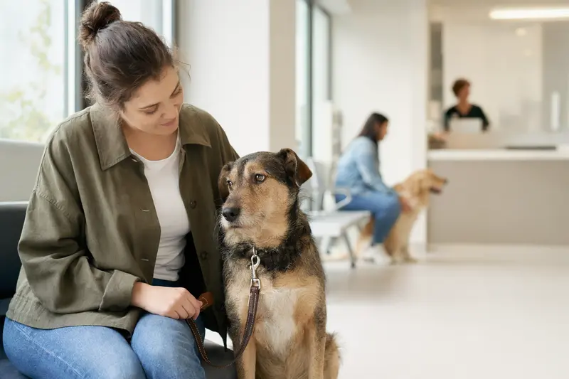 Ein Hund sitzt ruhig neben seinem Besitzer im hellen Wartezimmer einer modernen Tierarztpraxis.
